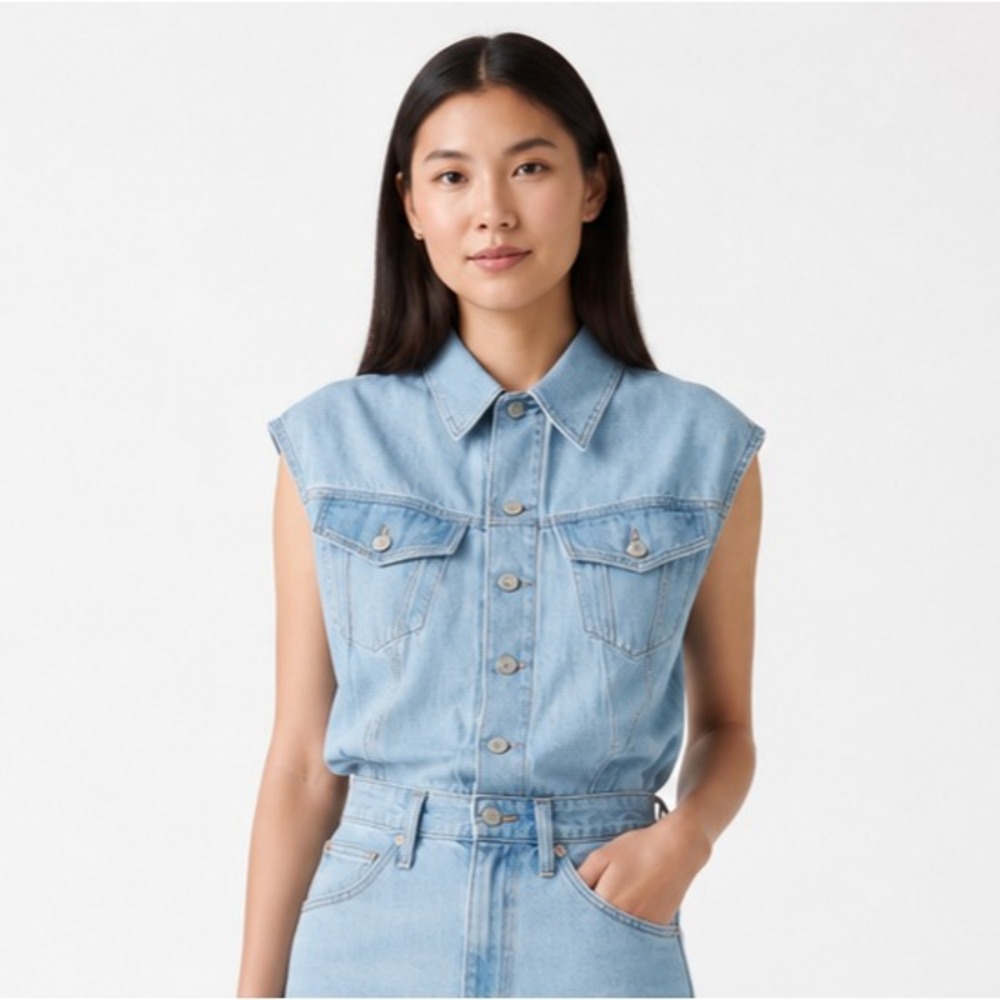 Levi's Denim Dress Women XS Blue NWT Sleeveless Midi Button Front Pockets - Picture 6 of 9